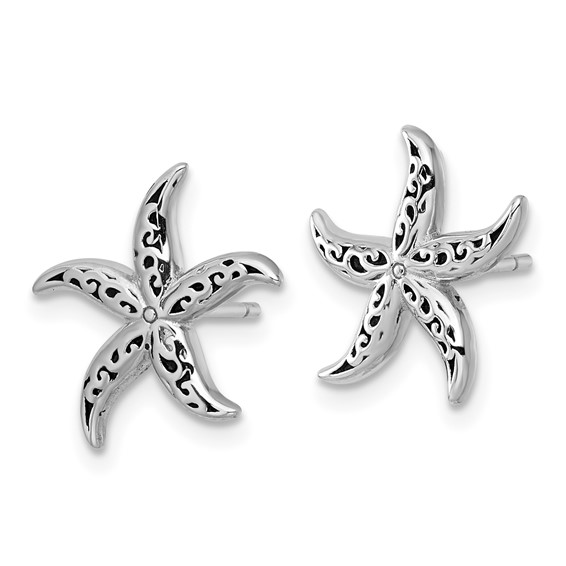 Sterling Silver Rhodium-plated Polished and Oxidized Filigree Starfish Post Earrings