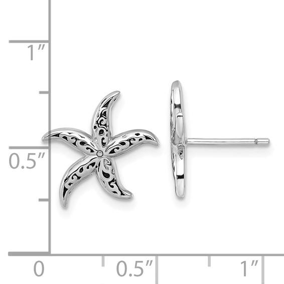 Sterling Silver Rhodium-plated Polished and Oxidized Filigree Starfish Post Earrings
