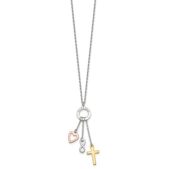 Sterling Silver Infinity and Gold-tone Cross and Rose-tone Heart BLESSED Circle 16 inch Necklace