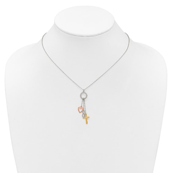 Sterling Silver Infinity and Gold-tone Cross and Rose-tone Heart BLESSED Circle 16 inch Necklace