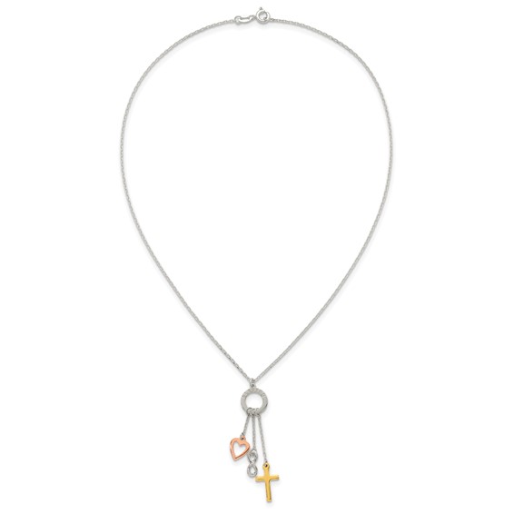 Sterling Silver Infinity and Gold-tone Cross and Rose-tone Heart BLESSED Circle 16 inch Necklace