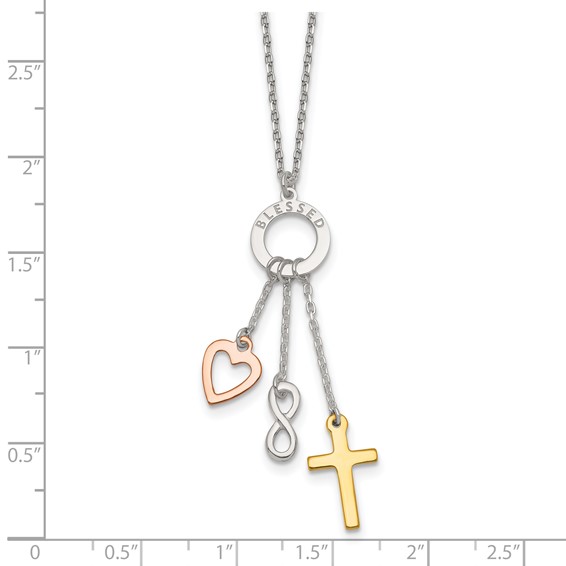 Sterling Silver Infinity and Gold-tone Cross and Rose-tone Heart BLESSED Circle 16 inch Necklace