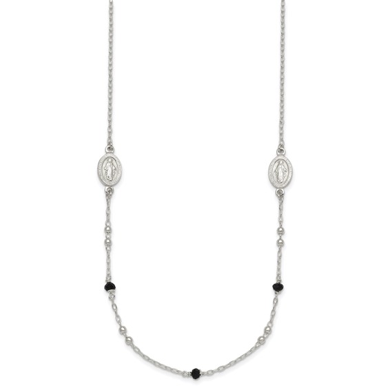 Sterling Silver Polished Textured Spanish Miraculous Medals with Black Glass Beads 16 inch Necklace