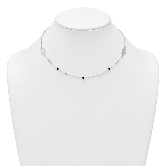 Sterling Silver Polished Textured Spanish Miraculous Medals with Black Glass Beads 16 inch Necklace