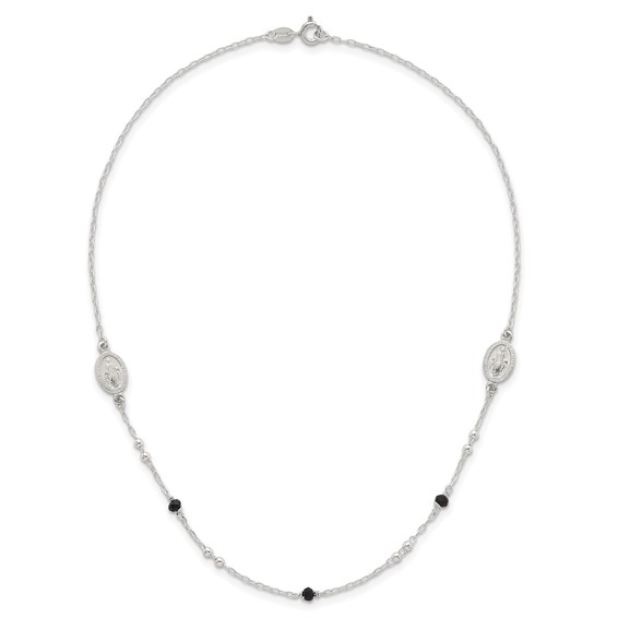 Sterling Silver Polished Textured Spanish Miraculous Medals with Black Glass Beads 16 inch Necklace