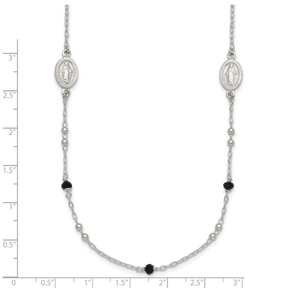 Sterling Silver Polished Textured Spanish Miraculous Medals with Black Glass Beads 16 inch Necklace