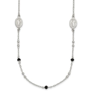 Sterling Silver Polished Textured Spanish Miraculous Medals with Black Glass Beads 16 inch Necklace