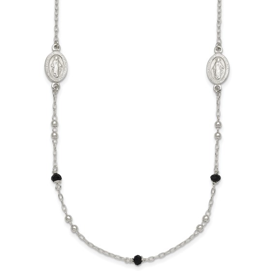 Sterling Silver Polished Textured Spanish Miraculous Medals with Black Glass Beads 16 inch Necklace