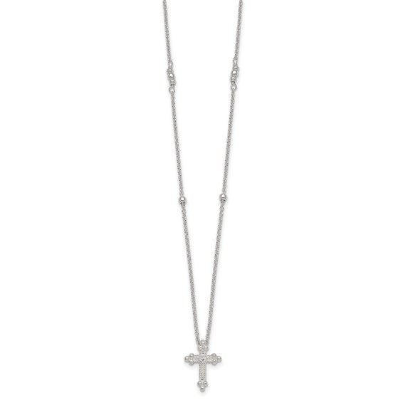 Sterling Silver Polished and Beaded White CZ Budded Cross 16.5 inch with 1 inch Extension Necklace