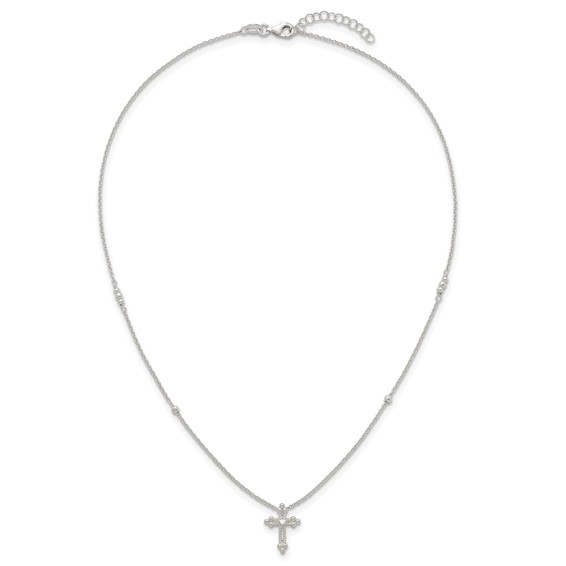 Sterling Silver Polished and Beaded White CZ Budded Cross 16.5 inch with 1 inch Extension Necklace