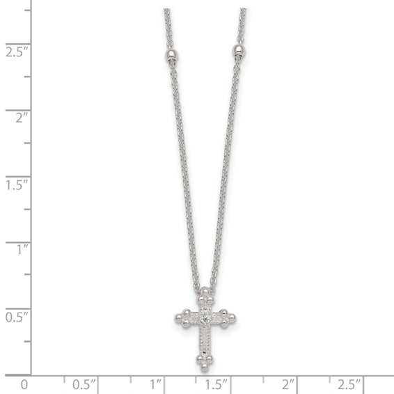 Sterling Silver Polished and Beaded White CZ Budded Cross 16.5 inch with 1 inch Extension Necklace
