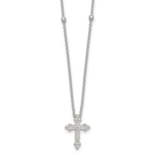 Sterling Silver Polished and Beaded White CZ Budded Cross 16.5 inch with 1 inch Extension Necklace