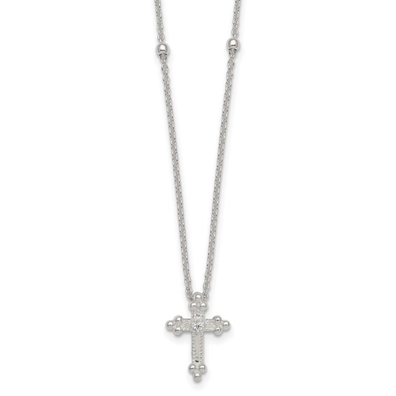 Sterling Silver Polished and Beaded White CZ Budded Cross 16.5 inch with 1 inch Extension Necklace