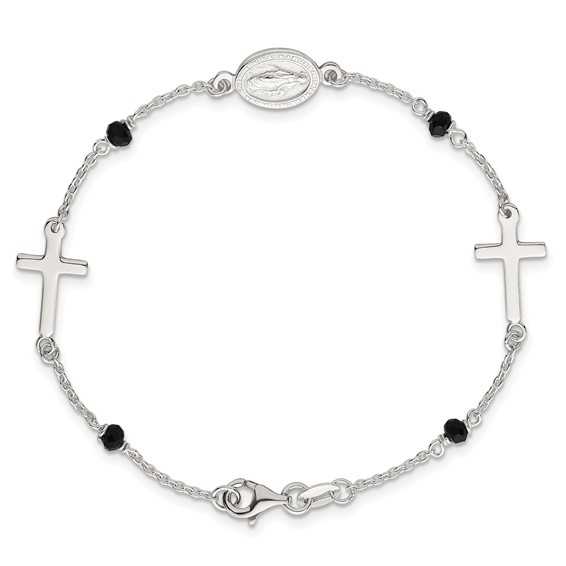 Sterling Silver Polished Spanish Miraculous Medal and Crosses with Black Glass Beads 7.5 inch Bracelet