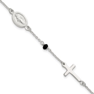 Sterling Silver Polished Spanish Miraculous Medal and Crosses with Black Glass Beads 7.5 inch Bracelet
