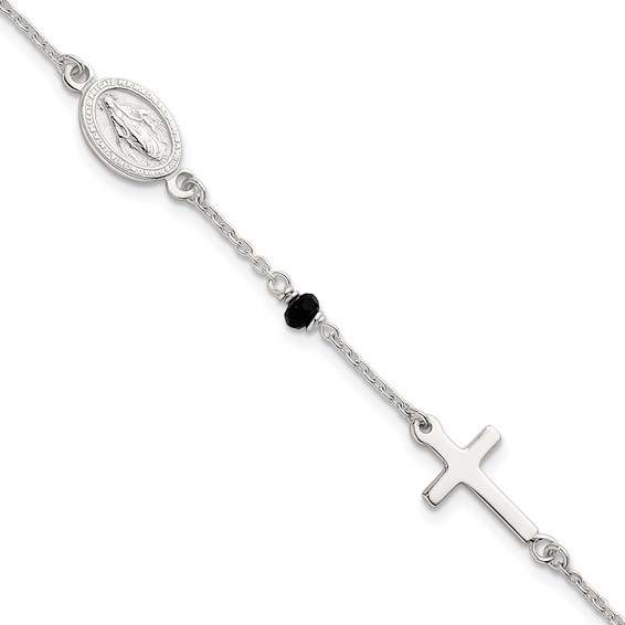 Sterling Silver Polished Spanish Miraculous Medal and Crosses with Black Glass Beads 7.5 inch Bracelet