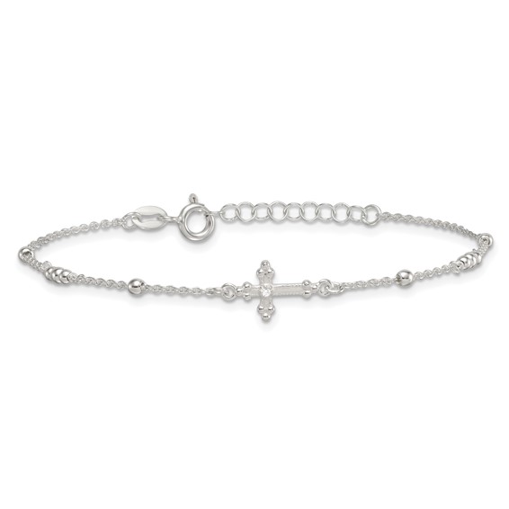 Sterling Silver Polished and Beaded White CZ Budded Cross 7 inch with 1 inch Extension Bracelet