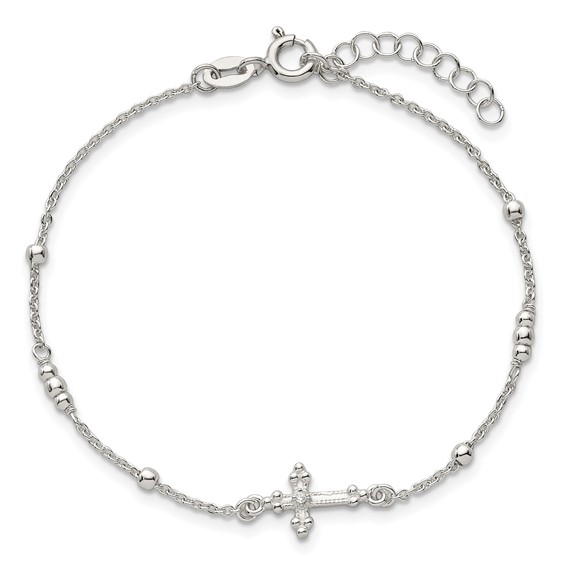 Sterling Silver Polished and Beaded White CZ Budded Cross 7 inch with 1 inch Extension Bracelet