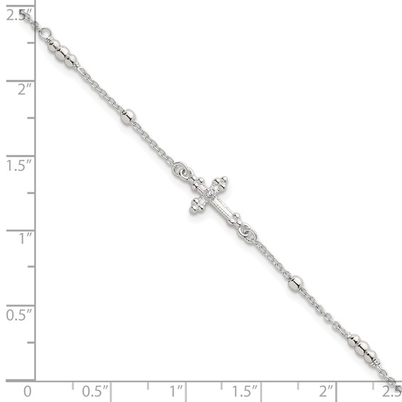 Sterling Silver Polished and Beaded White CZ Budded Cross 7 inch with 1 inch Extension Bracelet