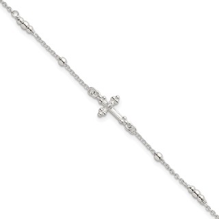 Sterling Silver Polished and Beaded White CZ Budded Cross 7 inch with 1 inch Extension Bracelet
