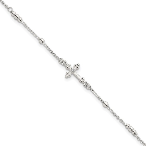 Sterling Silver Polished and Beaded White CZ Budded Cross 7 inch with 1 inch Extension Bracelet