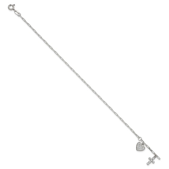 Sterling Silver Polished White CZ Heart and Cross Charms 7 inch with 1 inch Extension Bracelet