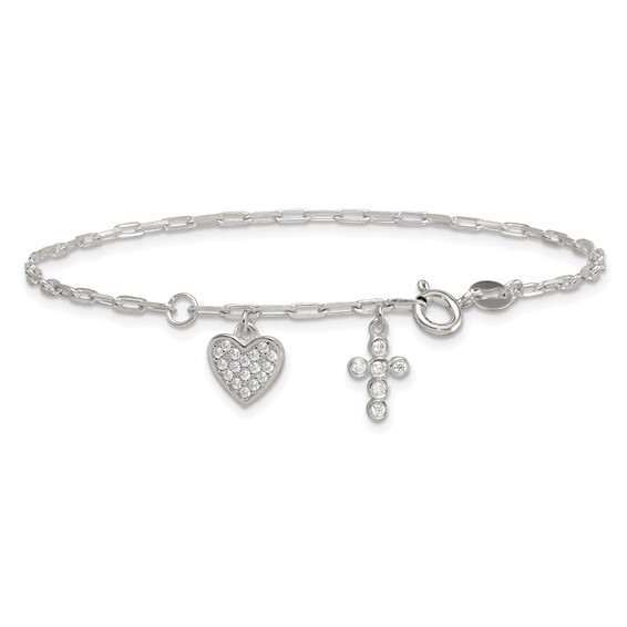 Sterling Silver Polished White CZ Heart and Cross Charms 7 inch with 1 inch Extension Bracelet