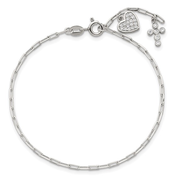 Sterling Silver Polished White CZ Heart and Cross Charms 7 inch with 1 inch Extension Bracelet