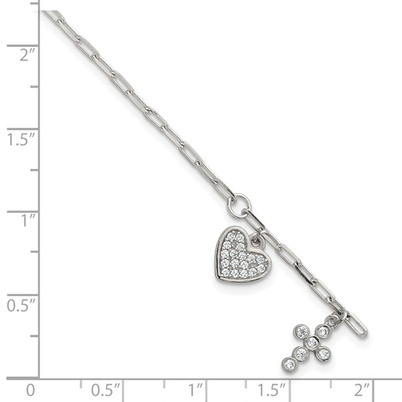 Sterling Silver Polished White CZ Heart and Cross Charms 7 inch with 1 inch Extension Bracelet