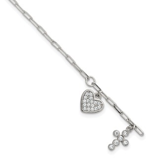 Sterling Silver Polished White CZ Heart and Cross Charms 7 inch with 1 inch Extension Bracelet