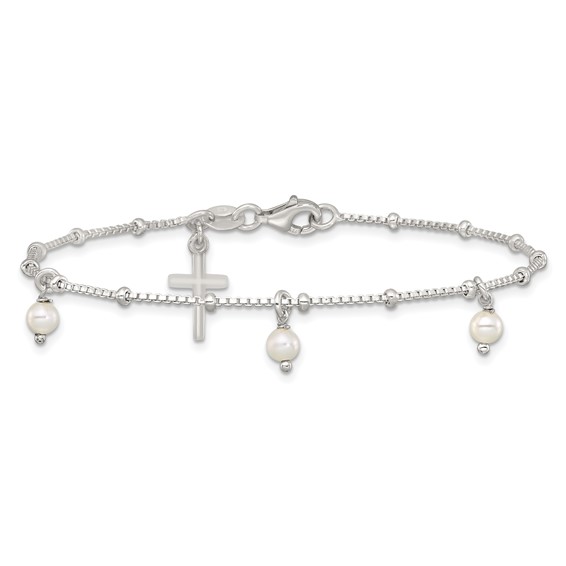 Sterling Silver Polished and Beaded with Glass Pearls and Cross Charm 7.5 inch Bracelet