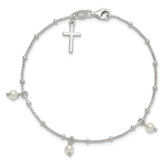 Sterling Silver Polished and Beaded with Glass Pearls and Cross Charm 7.5 inch Bracelet