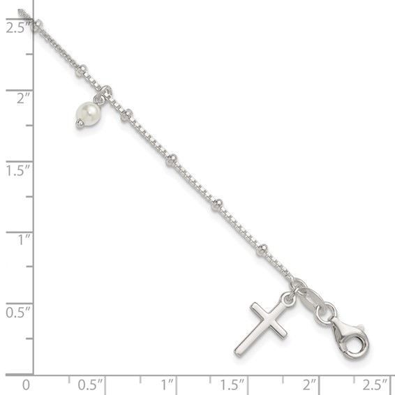 Sterling Silver Polished and Beaded with Glass Pearls and Cross Charm 7.5 inch Bracelet