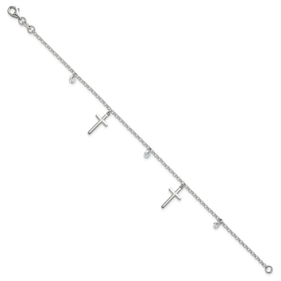 Sterling Silver Polished White CZ Dangles and Cross Charm 7.5 inch Bracelet