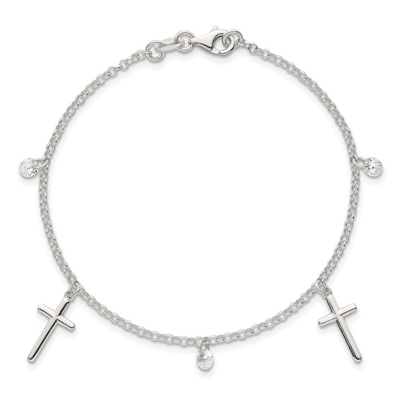 Sterling Silver Polished White CZ Dangles and Cross Charm 7.5 inch Bracelet
