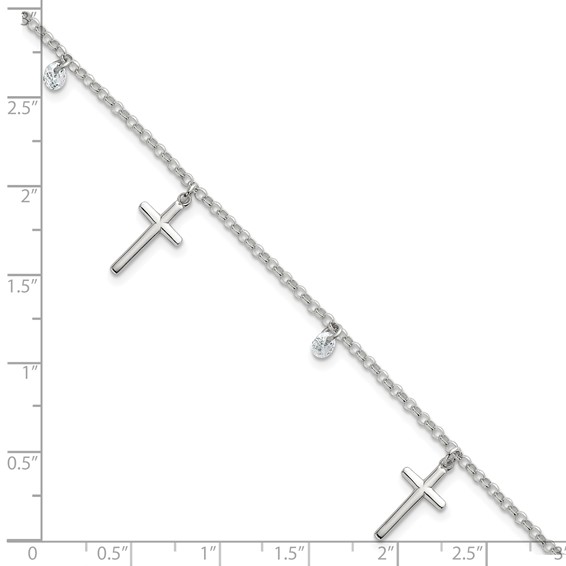 Sterling Silver Polished White CZ Dangles and Cross Charm 7.5 inch Bracelet