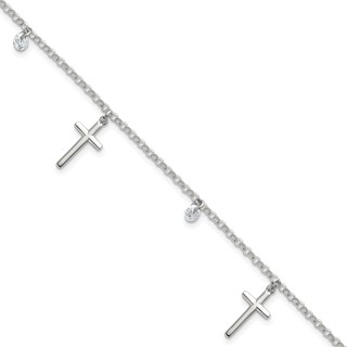 Sterling Silver Polished White CZ Dangles and Cross Charm 7.5 inch Bracelet