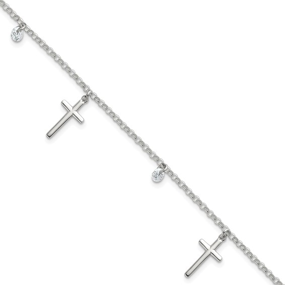 Sterling Silver Polished White CZ Dangles and Cross Charm 7.5 inch Bracelet