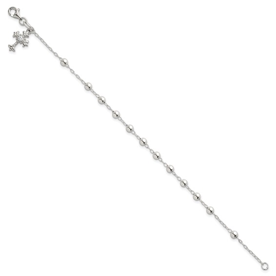 Sterling Silver Polished Beaded with White CZ Fleur de Lis Cross Charm 7.5 inch Bracelet
