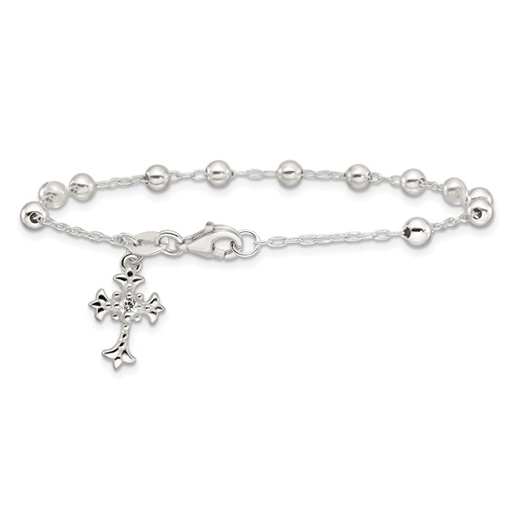 Sterling Silver Polished Beaded with White CZ Fleur de Lis Cross Charm 7.5 inch Bracelet