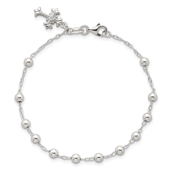 Sterling Silver Polished Beaded with White CZ Fleur de Lis Cross Charm 7.5 inch Bracelet