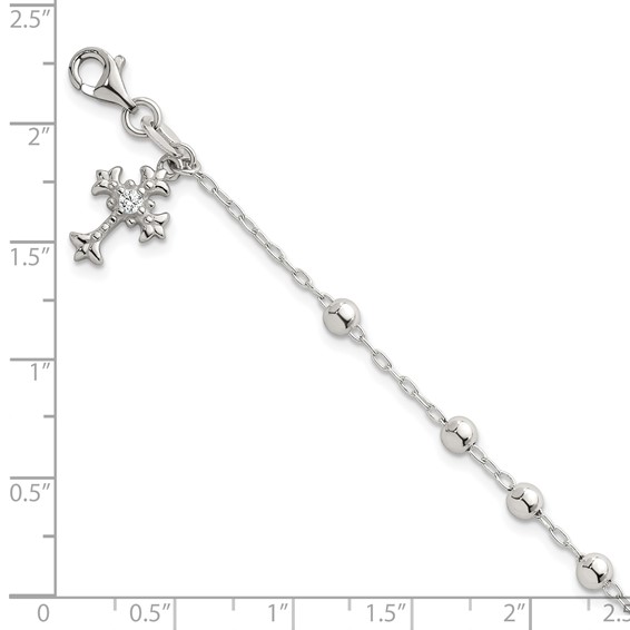 Sterling Silver Polished Beaded with White CZ Fleur de Lis Cross Charm 7.5 inch Bracelet