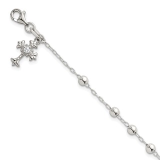 Sterling Silver Polished Beaded with White CZ Fleur de Lis Cross Charm 7.5 inch Bracelet