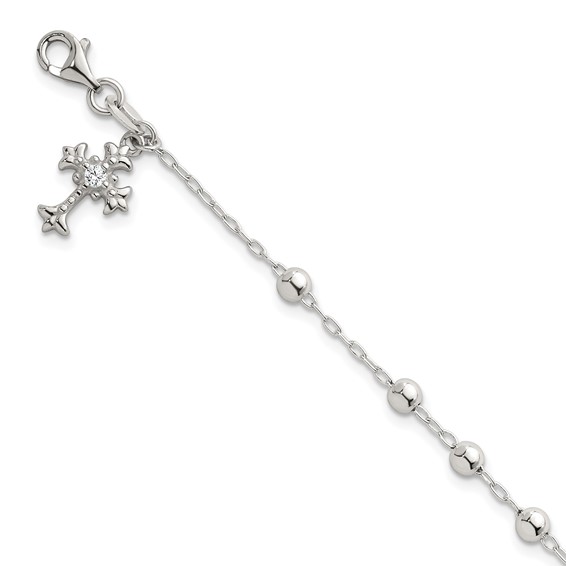 Sterling Silver Polished Beaded with White CZ Fleur de Lis Cross Charm 7.5 inch Bracelet