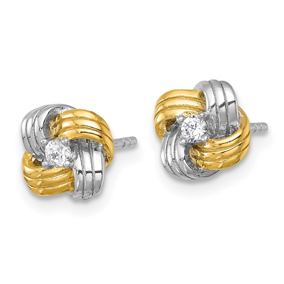Sterling Silver Gold-tone and Rhodium-plated Polished CZ Knot Post Earrings