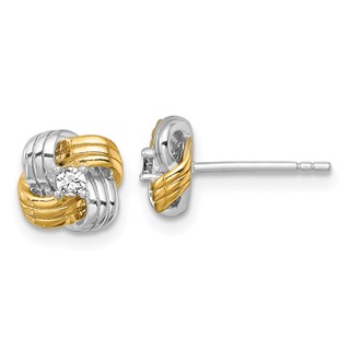 Sterling Silver Gold-tone and Rhodium-plated Polished CZ Knot Post Earrings
