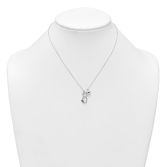 Sterling Silver Polished Cat Silhouette and Puffed Heart Charm 16 inch Necklace