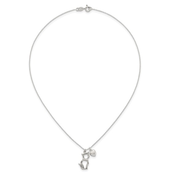 Sterling Silver Polished Cat Silhouette and Puffed Heart Charm 16 inch Necklace