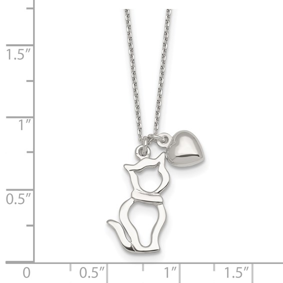 Sterling Silver Polished Cat Silhouette and Puffed Heart Charm 16 inch Necklace