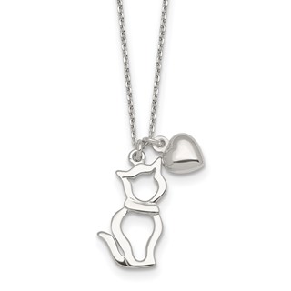 Sterling Silver Polished Cat Silhouette and Puffed Heart Charm 16 inch Necklace